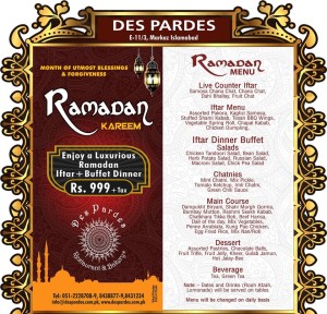 Des Pardes E-11/3 (E11) Islamabad Iftar Deal 2013 Buffet Menu