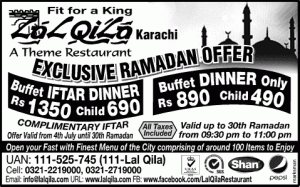 Lal Qila Karachi Iftar Deals 2014 Ramadan Buffet Dinner Offers Newspaper Ad