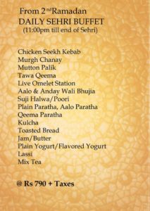 Monal Islamabad Sehri Buffet Deal 2016 Menu